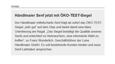 Der Senfhersteller Händlmaier wirbt in der Textanzeige mit seinem Öko-Test-Siegel.